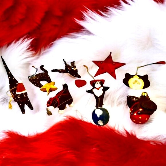 Vintage CAT Christmas Tree Ornaments 6 Wooden Kitties 1 Blown Glass 1 Metal Star